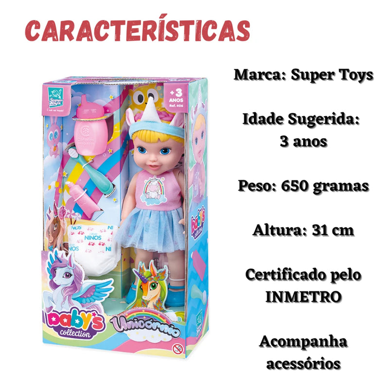 Baby Doll Unicorn Pee com Dentinho, Escova e Mamadeira - Cuide, Brinque e Encante-se!