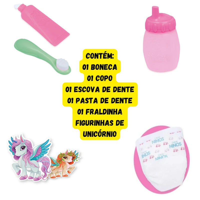 Baby Doll Unicorn Pee com Dentinho, Escova e Mamadeira - Cuide, Brinque e Encante-se!