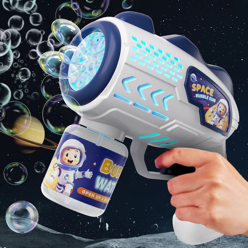 Arma de bolhas elétrica de astronauta para crianças, máquina de bolhas de brinquedo, soprador de sabão automático com luz, jogos de festa ao ar livre, verão, presente para crianças